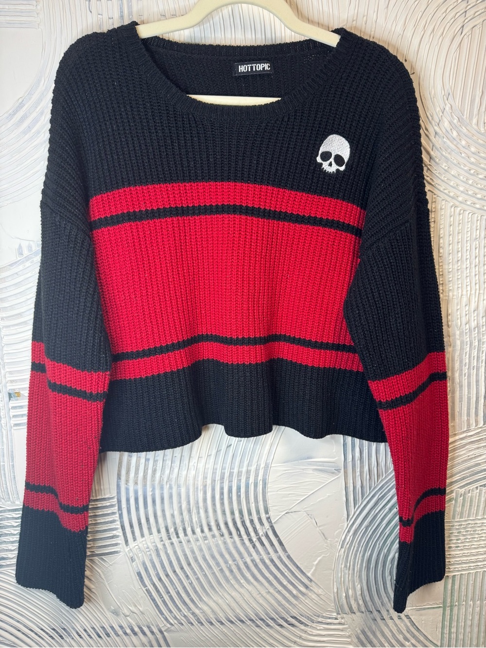 Hot Topic Black & Red Striped Skull Crewneck Sweater
